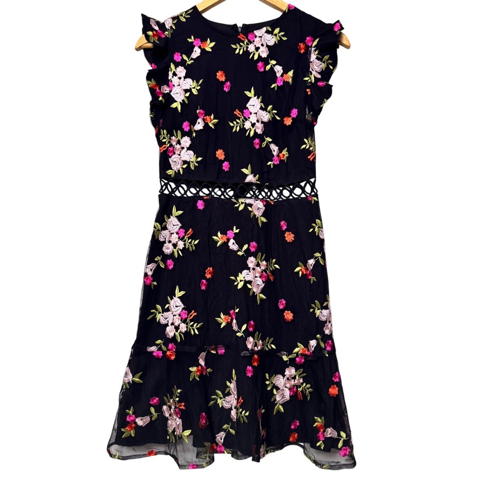 Sam Edelman Black Floral Embroidered Mesh Dress Ruffle Sleeve Cutout Waist SZ 2
